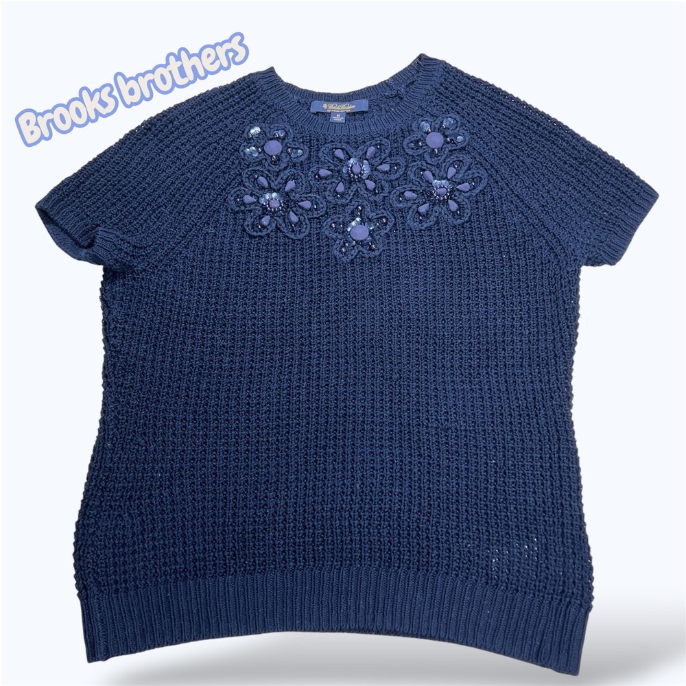 Brooks Brothers Egyptian Cotton Embellished Knit Top Navy Blue Medium
